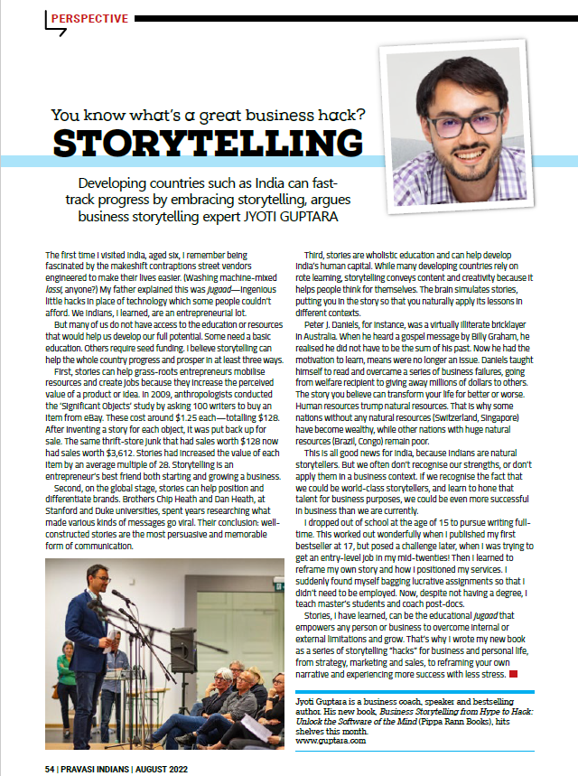 My piece in Pravasi Indians mag: business hack Storytelling for Development